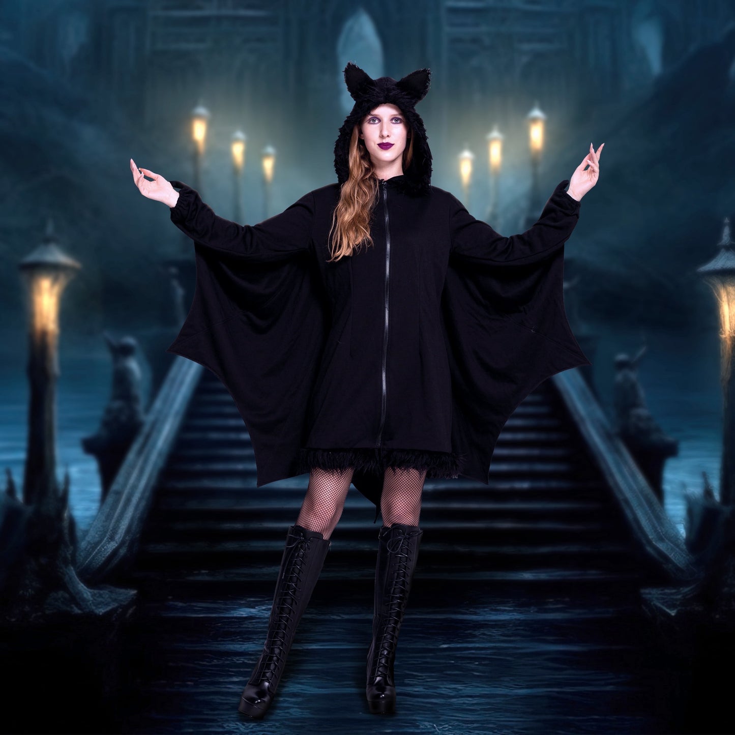Joyfy Women's Bat Zip Hoodie - Perfect Halloween Costume for Adults, Ideal for Parties and Cosplay