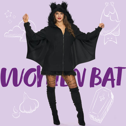 Joyfy Women's Bat Zip Hoodie - Perfect Halloween Costume for Adults, Ideal for Parties and Cosplay