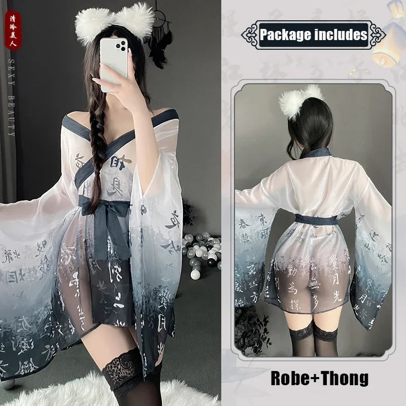 Seductive Japanese Kimono Lingerie - Sheer Mesh Nightgown & Bathrobe for Alluring Nights