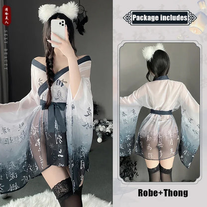 Seductive Japanese Kimono Lingerie - Sheer Mesh Nightgown & Bathrobe for Alluring Nights