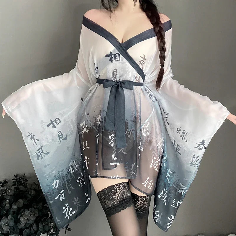 Seductive Japanese Kimono Lingerie - Sheer Mesh Nightgown & Bathrobe for Alluring Nights
