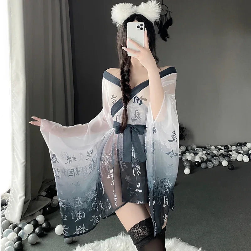Seductive Japanese Kimono Lingerie - Sheer Mesh Nightgown & Bathrobe for Alluring Nights