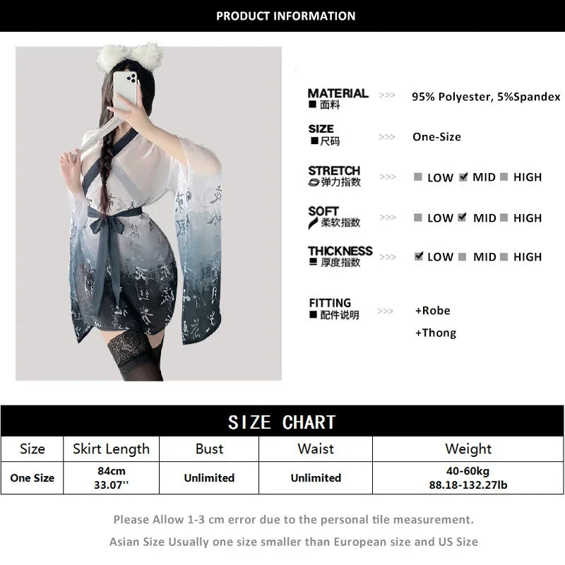Seductive Japanese Kimono Lingerie - Sheer Mesh Nightgown & Bathrobe for Alluring Nights