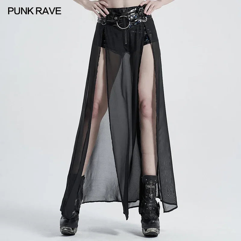 Women’s punk high waist chiffon long skirt with split hem and faux two-piece style, black color, edgy elegant fashion.