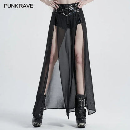 Women’s punk high waist chiffon long skirt with split hem and faux two-piece style, black color, edgy elegant fashion.