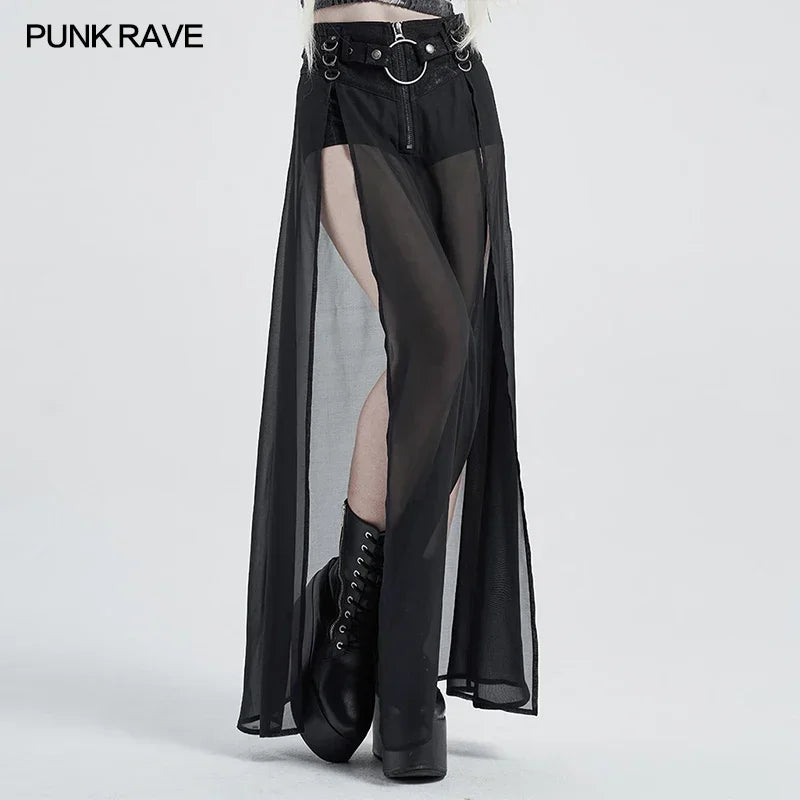 Women's punk high waist chiffon long skirt with split hem and faux two-piece style, black color, edgy fashion vibe.