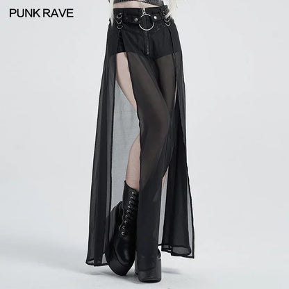Women's punk high waist chiffon long skirt with split hem and faux two-piece style, black color, edgy fashion vibe.