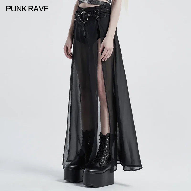 Women's punk high waist chiffon long skirt with split hem and faux two-piece style, in edgy, elegant fashion.