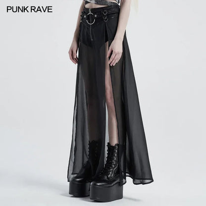 Women's punk high waist chiffon long skirt with split hem and faux two-piece style, in edgy, elegant fashion.
