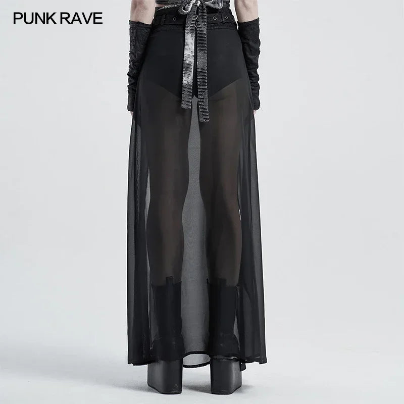 Women's punk high waist chiffon long skirt with split hem and faux two-piece style, featuring edgy, modern fashion details.