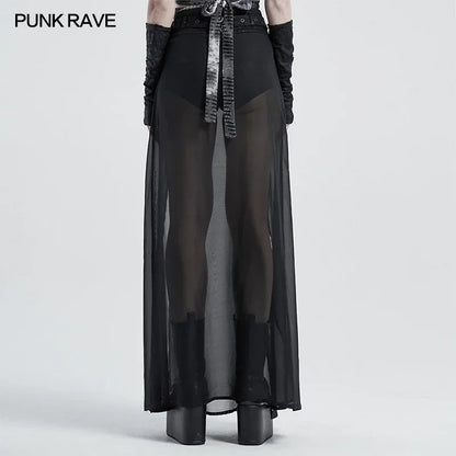Women's punk high waist chiffon long skirt with split hem and faux two-piece style, featuring edgy, modern fashion details.