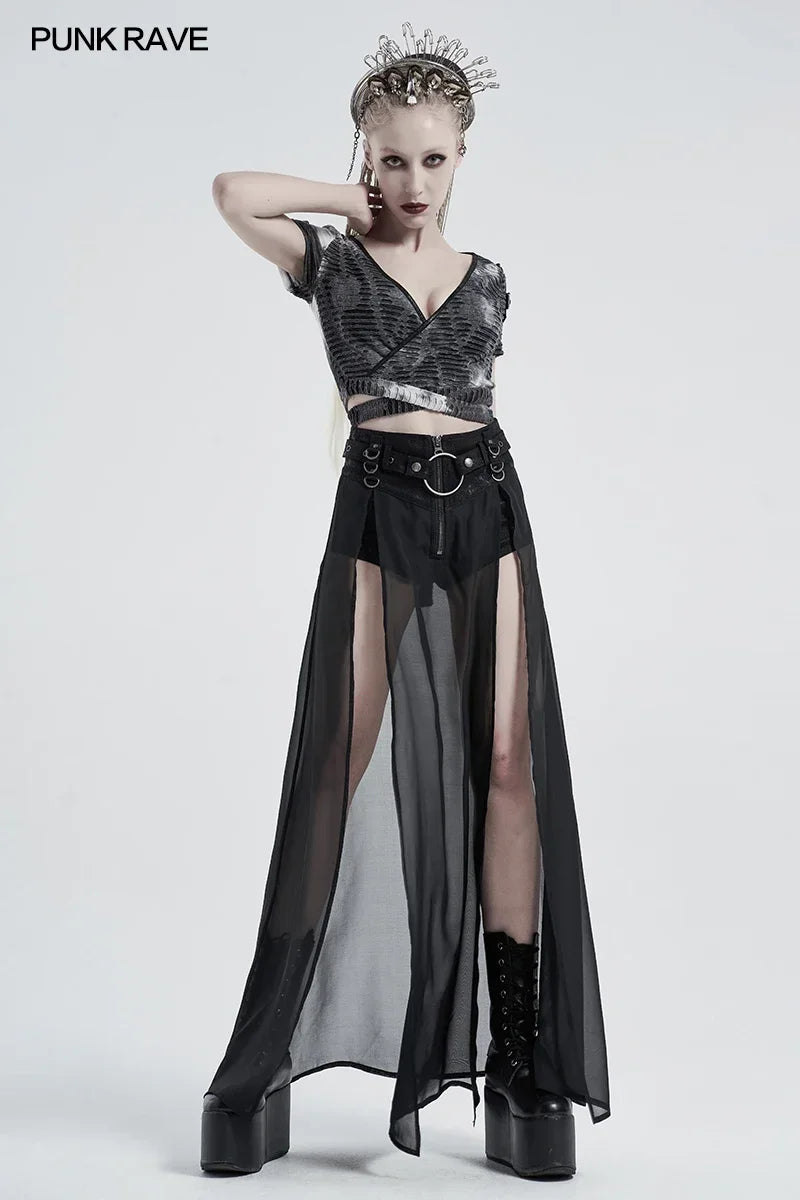 Women's high waist chiffon long punk skirt with split hem and faux two-piece style, in edgy black from PressureDen.store.