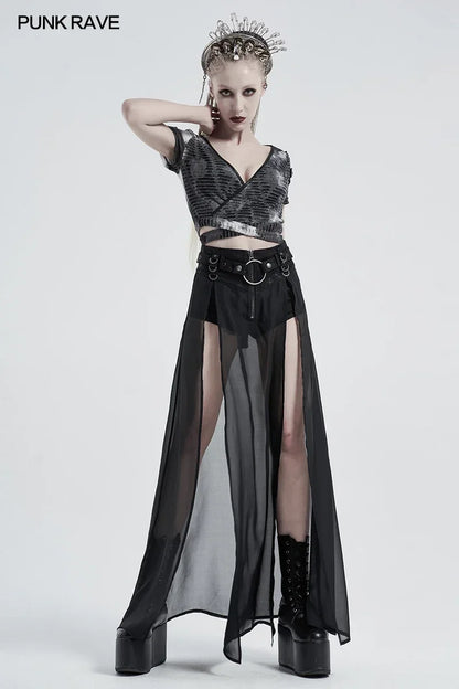 Women's high waist chiffon long punk skirt with split hem and faux two-piece style, in edgy black from PressureDen.store.