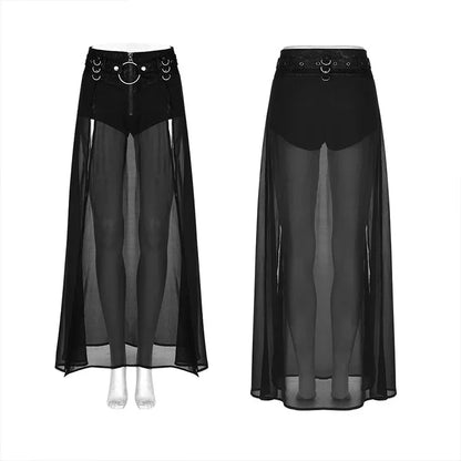 Women's punk high waist chiffon long skirt with split hem and faux two-piece style, featuring edgy, fashionable design.