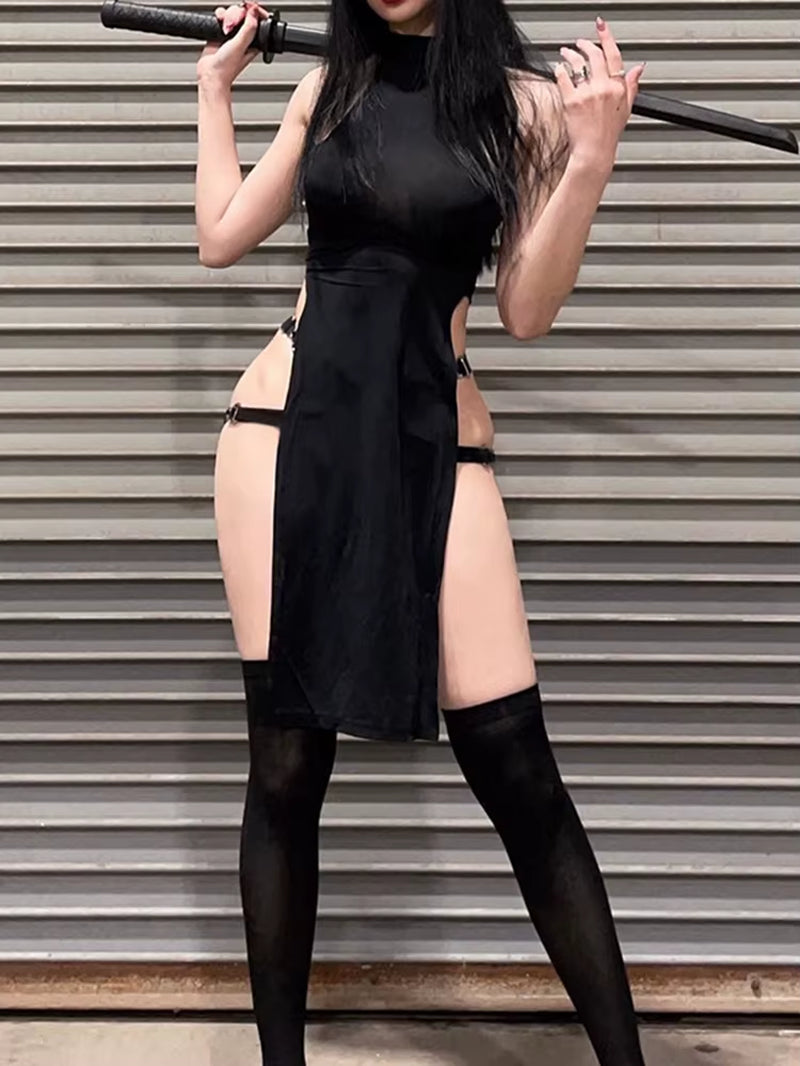 Gothic Emo Black High Waist Hollow Out Dress - Perfect for Nightclub & Rave Style