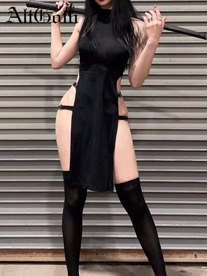 Gothic Emo Black High Waist Hollow Out Dress - Perfect for Nightclub & Rave Style