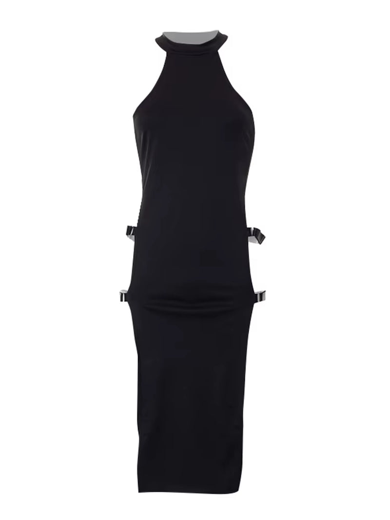 Gothic Emo Black High Waist Hollow Out Dress - Perfect for Nightclub & Rave Style