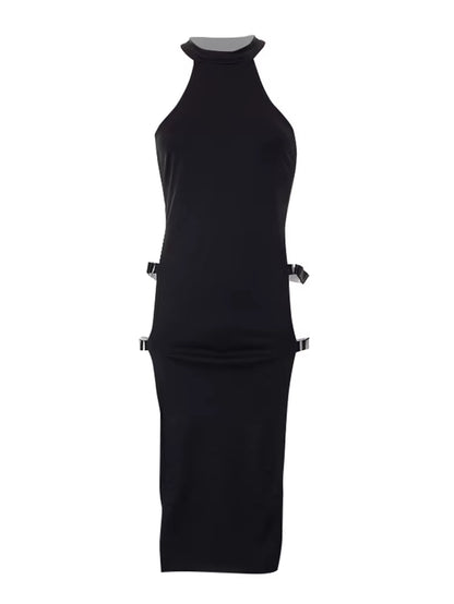 Gothic Emo Black High Waist Hollow Out Dress - Perfect for Nightclub & Rave Style