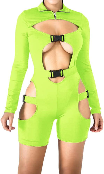 Chic Green Bodycon Buckle Jumpsuit with Cut-Outs - Flattering High Neck Bodysuit for Nightclub and Party Wear
