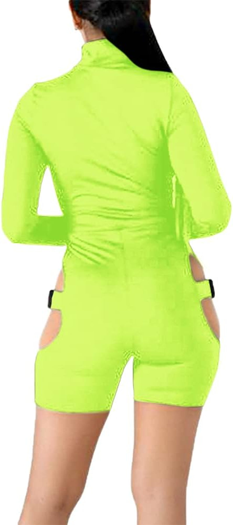 Chic Green Bodycon Buckle Jumpsuit with Cut-Outs - Flattering High Neck Bodysuit for Nightclub and Party Wear