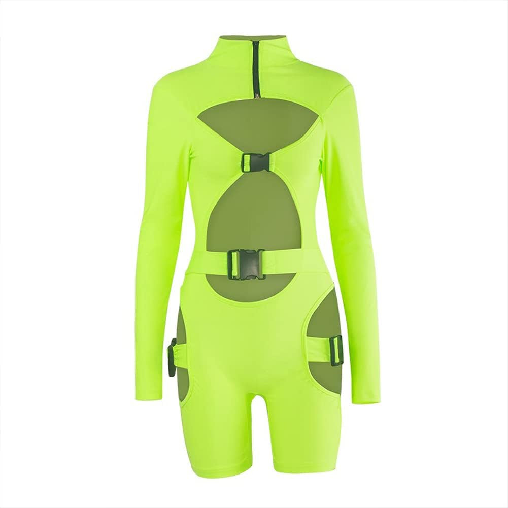 Chic Green Bodycon Buckle Jumpsuit with Cut-Outs - Flattering High Neck Bodysuit for Nightclub and Party Wear