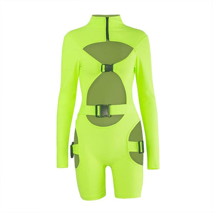 Chic Green Bodycon Buckle Jumpsuit with Cut-Outs - Flattering High Neck Bodysuit for Nightclub and Party Wear