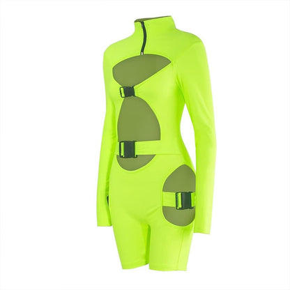 Chic Green Bodycon Buckle Jumpsuit with Cut-Outs - Flattering High Neck Bodysuit for Nightclub and Party Wear