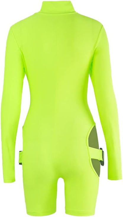 Chic Green Bodycon Buckle Jumpsuit with Cut-Outs - Flattering High Neck Bodysuit for Nightclub and Party Wear