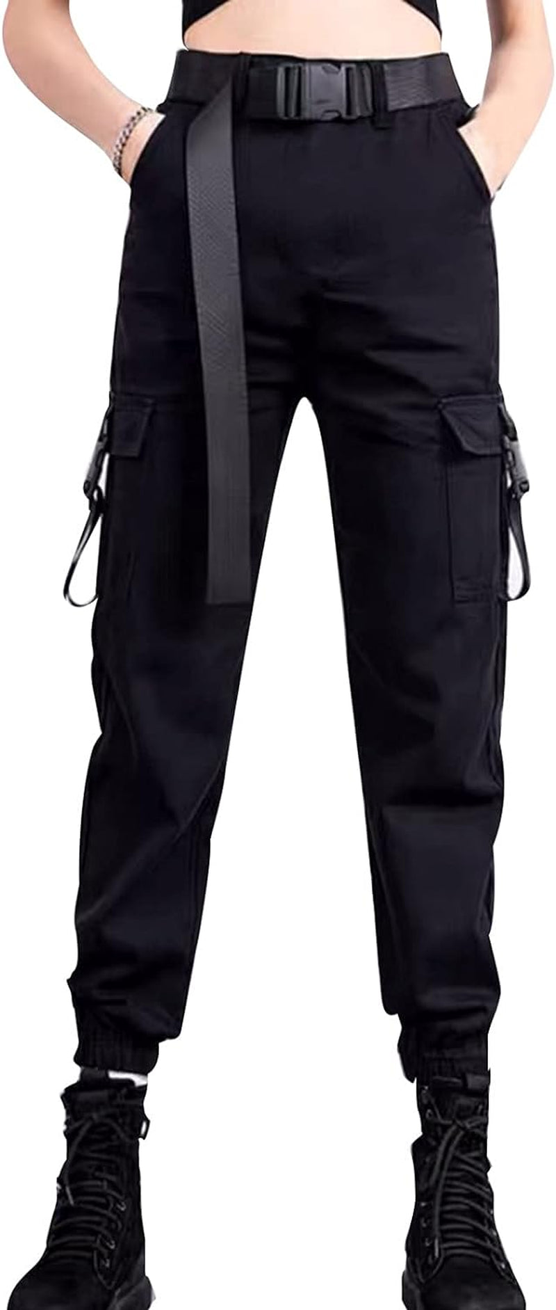 Chic High Waisted Black Cargo Pants for Women – Casual Loose Harem Joggers with Belt - Stylish Streetwear Trousers (XXL)