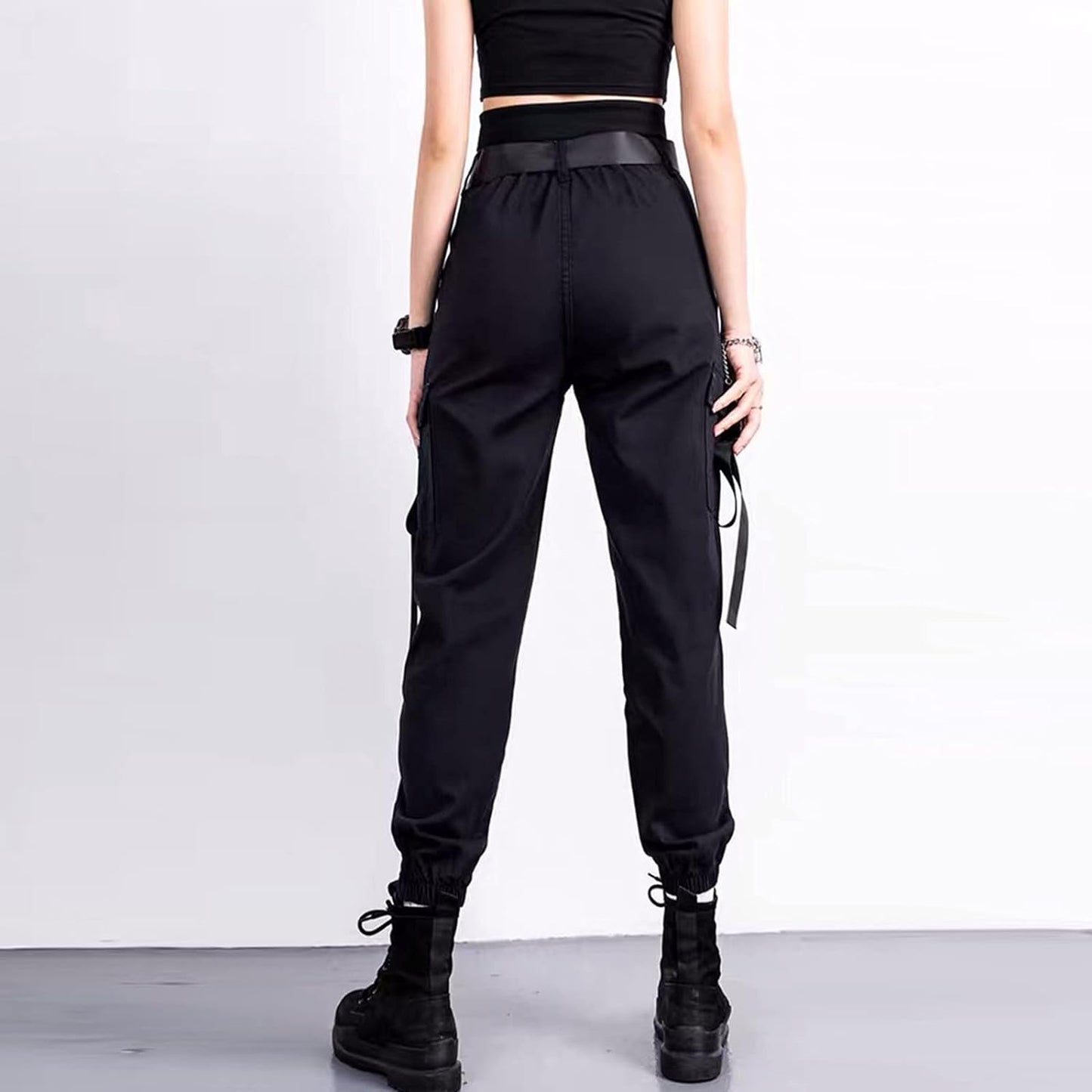 Chic High Waisted Black Cargo Pants for Women – Casual Loose Harem Joggers with Belt - Stylish Streetwear Trousers (XXL)