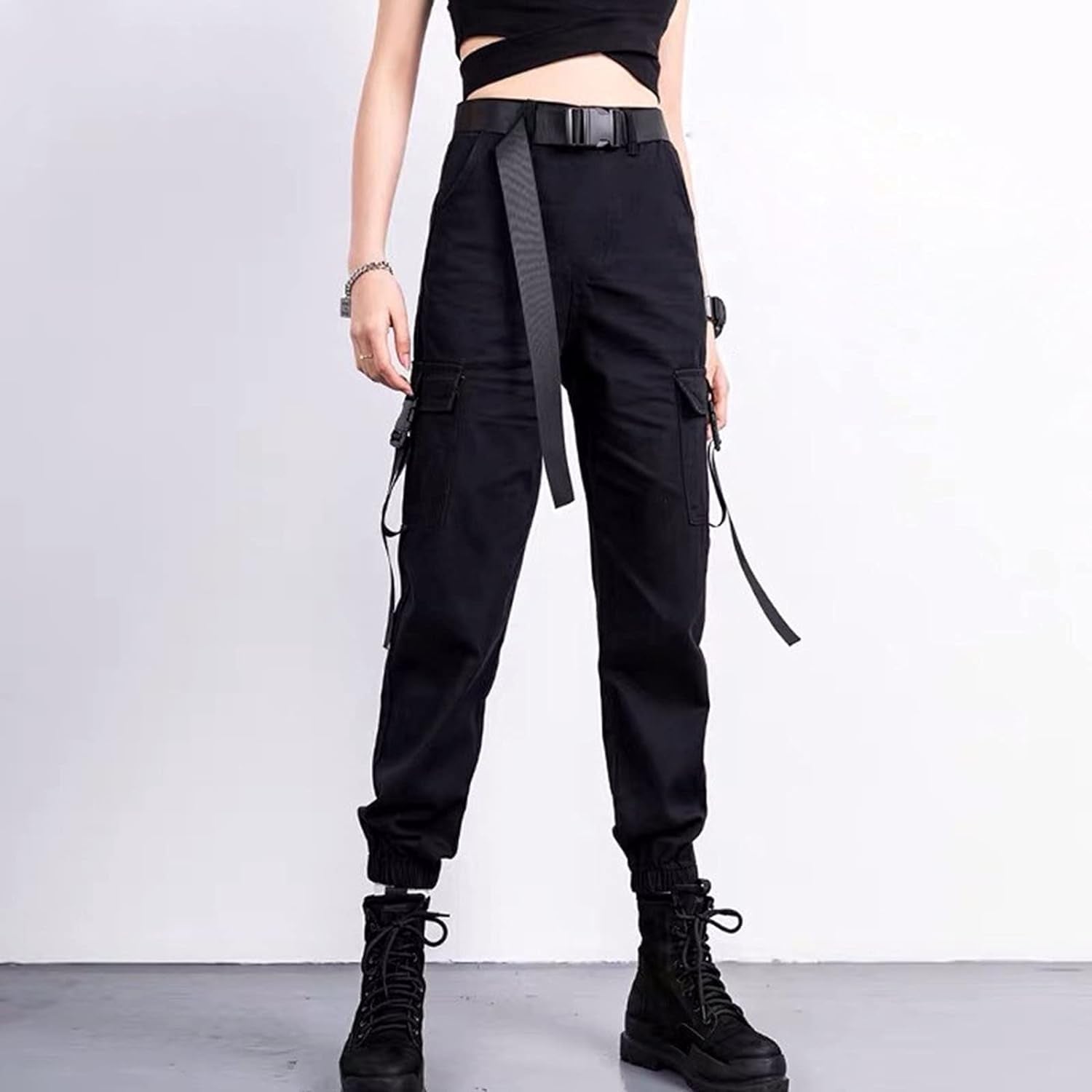 Chic High Waisted Black Cargo Pants for Women – Casual Loose Harem Joggers with Belt - Stylish Streetwear Trousers (XXL)