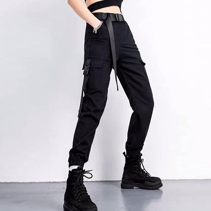 Chic High Waisted Black Cargo Pants for Women – Casual Loose Harem Joggers with Belt - Stylish Streetwear Trousers (XXL)