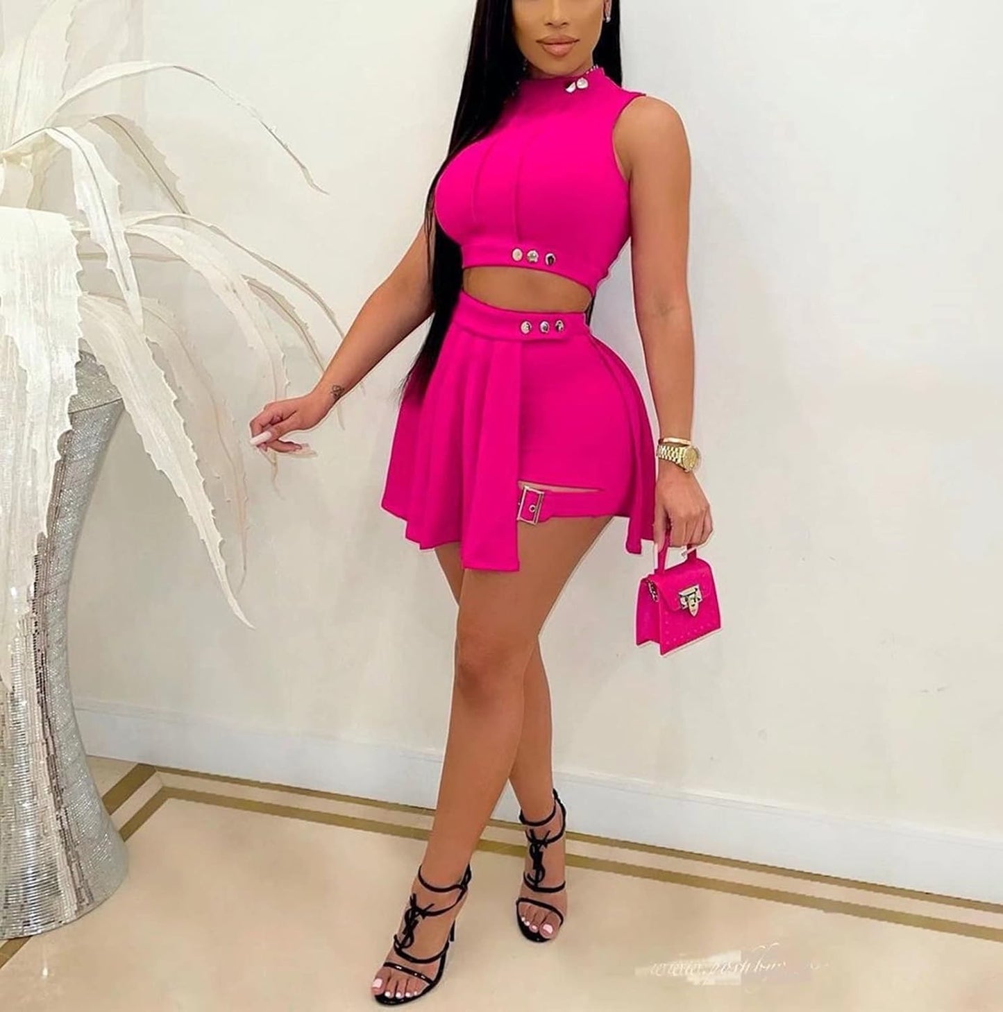 Chic Summer Two-Piece Women's Outfit - Sexy Sleeveless Crop Top with Pleated Mini Skirt, Rose Red, Small