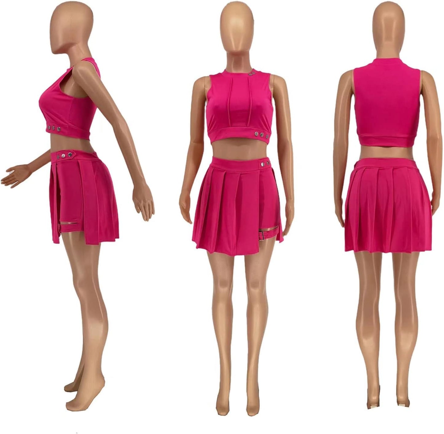 Chic Summer Two-Piece Women's Outfit - Sexy Sleeveless Crop Top with Pleated Mini Skirt, Rose Red, Small