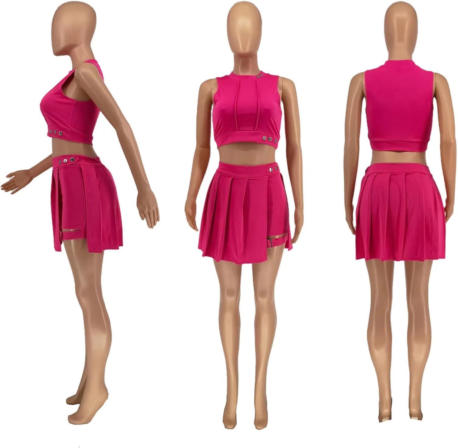 Chic Summer Two-Piece Women's Outfit - Sexy Sleeveless Crop Top with Pleated Mini Skirt, Rose Red, Small