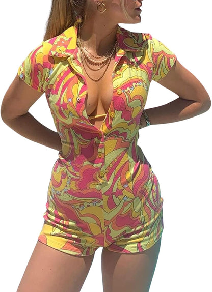 Chic Women's V-Neck Bodycon Jumpsuit - Stylish Short Sleeve Polo Romper with Buttons