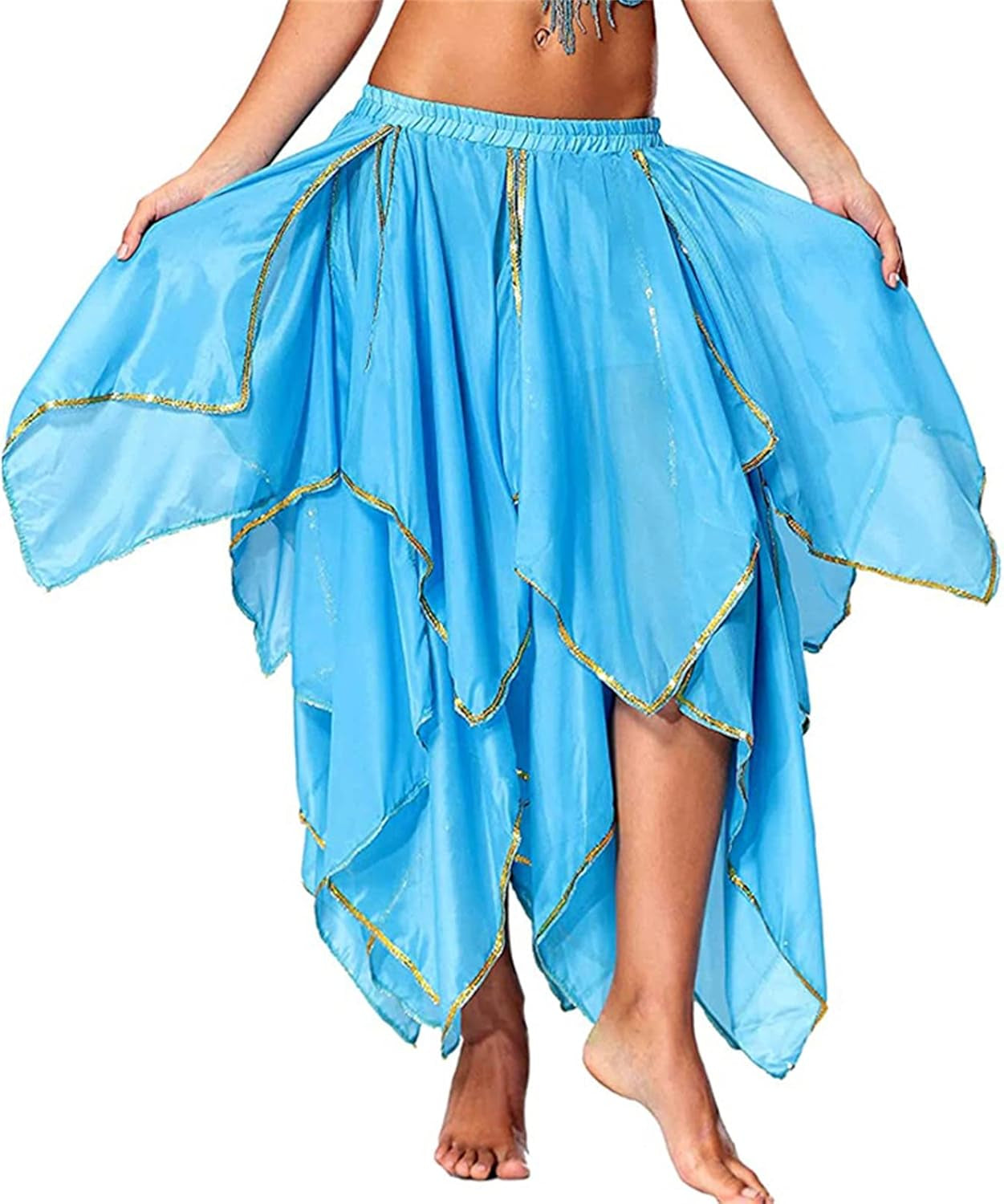 Sky Blue High Waist Sequin Fairy Dance Skirt - Irregular Chiffon Tribal Leaves Style for Rave and Party Performance (One Size)