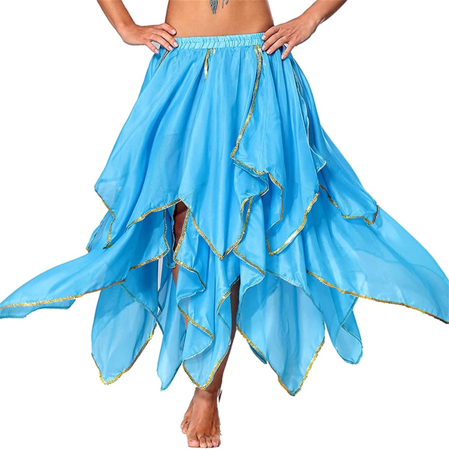 Sky Blue High Waist Sequin Fairy Dance Skirt - Irregular Chiffon Tribal Leaves Style for Rave and Party Performance (One Size)