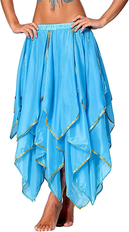 Sky Blue High Waist Sequin Fairy Dance Skirt - Irregular Chiffon Tribal Leaves Style for Rave and Party Performance (One Size)