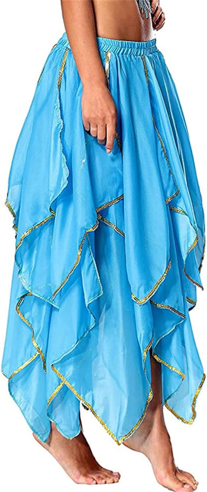 Sky Blue High Waist Sequin Fairy Dance Skirt - Irregular Chiffon Tribal Leaves Style for Rave and Party Performance (One Size)