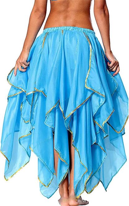Sky Blue High Waist Sequin Fairy Dance Skirt - Irregular Chiffon Tribal Leaves Style for Rave and Party Performance (One Size)