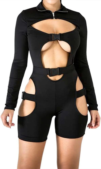 Stylish Black Bodycon Buckle Jumpsuit for Women - Hollow Out High Neck Cut Out Romper with Long Sleeves & Zip Closure for Clubwear