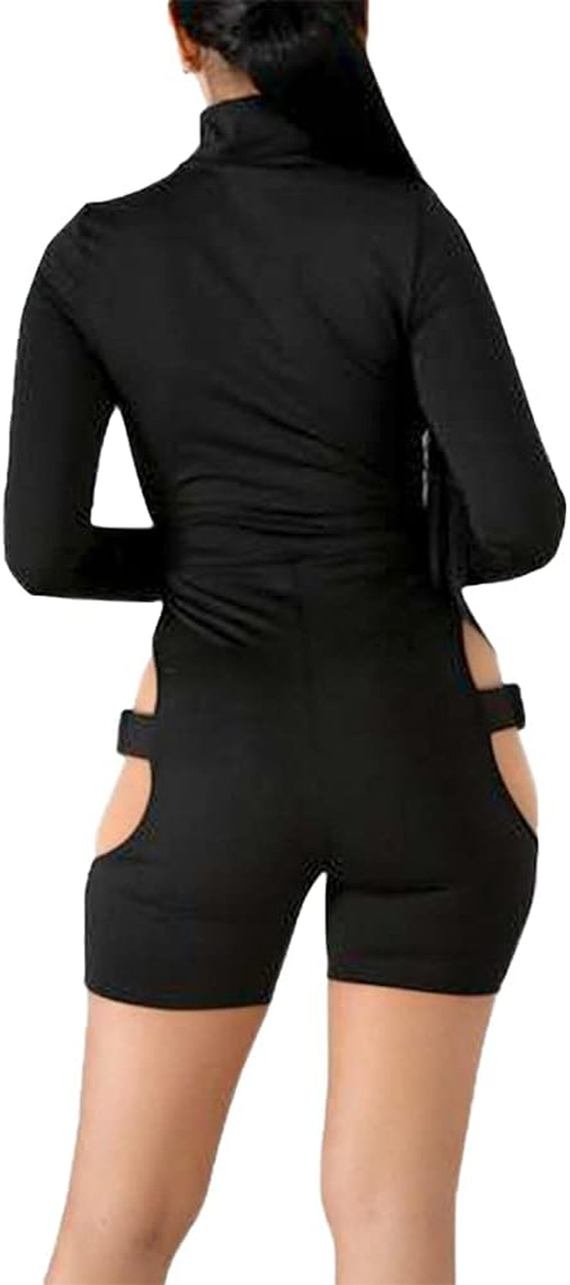 Stylish Black Bodycon Buckle Jumpsuit for Women - Hollow Out High Neck Cut Out Romper with Long Sleeves & Zip Closure for Clubwear