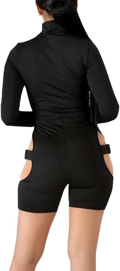 Stylish Black Bodycon Buckle Jumpsuit for Women - Hollow Out High Neck Cut Out Romper with Long Sleeves & Zip Closure for Clubwear