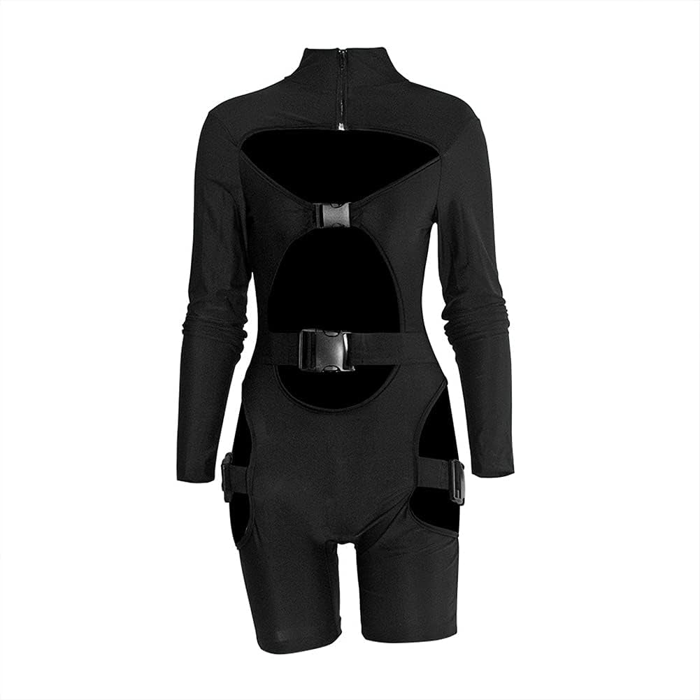 Stylish Black Bodycon Buckle Jumpsuit for Women - Hollow Out High Neck Cut Out Romper with Long Sleeves & Zip Closure for Clubwear