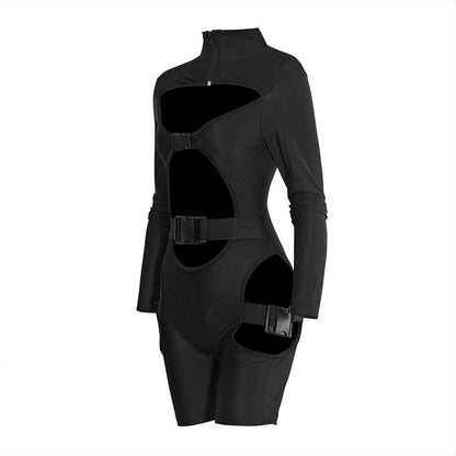 Stylish Black Bodycon Buckle Jumpsuit for Women - Hollow Out High Neck Cut Out Romper with Long Sleeves & Zip Closure for Clubwear