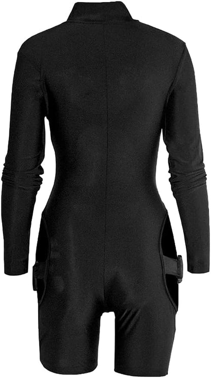 Stylish Black Bodycon Buckle Jumpsuit for Women - Hollow Out High Neck Cut Out Romper with Long Sleeves & Zip Closure for Clubwear