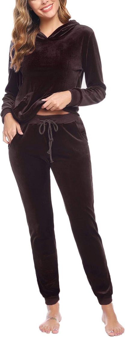 Stylish Women's Brown Velour Hoodie & Pant Tracksuit Set - XS Size