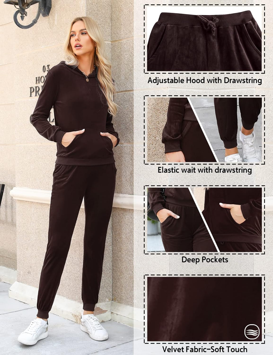 Stylish Women's Brown Velour Hoodie & Pant Tracksuit Set - XS Size