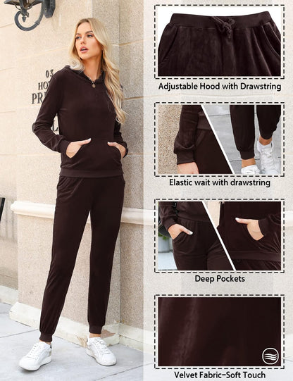 Stylish Women's Brown Velour Hoodie & Pant Tracksuit Set - XS Size
